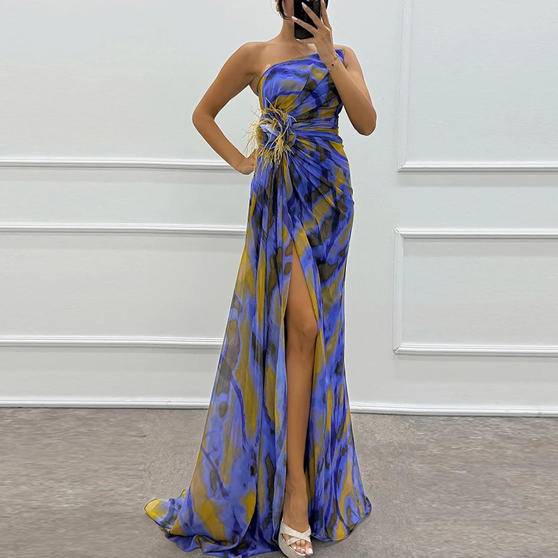 Elegant Floral Print Hight Waist Long Party Dress Fashion Split Women Evening Dress Sexy Diagonal Collar Pleated Chiffon Dresses