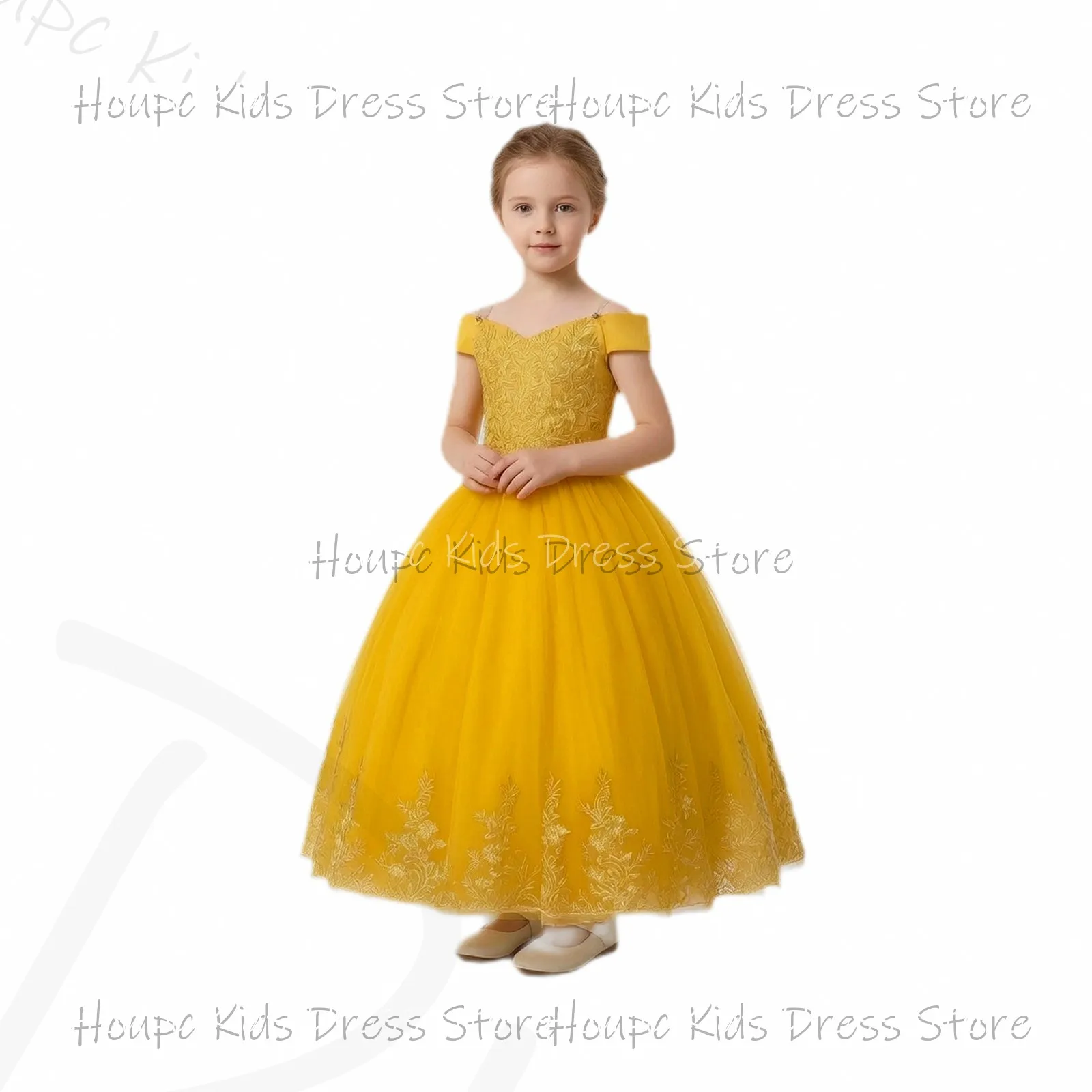 Custom Flower Girl Dresses Off Shoulder Gold Lace Tulle Princess Dress Wedding Birthday Party Evening Party Prom Dresses