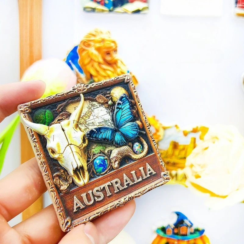 Australia Art Fridge Magnet - Striking 3D Skull & Butterfly Souvenir Unique Outback Gift for Travel & Bohemian Home Decor