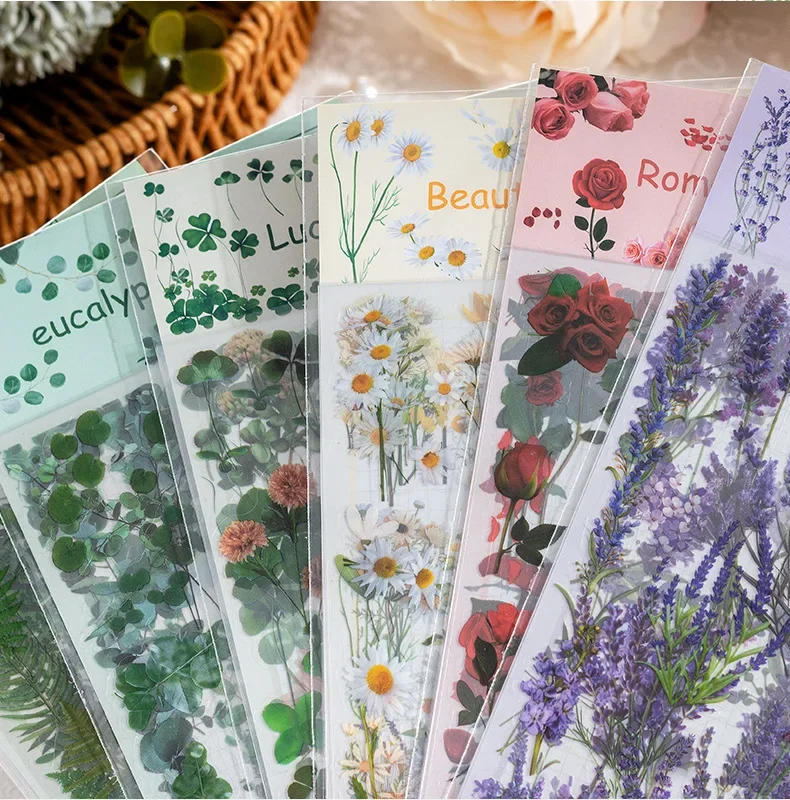 6 Sheets/pack PET Die-cut Sticker Retro Plants Flowers Ferns Clovers Lavenders DIY Scrapbook Junk Journal Collage Materials