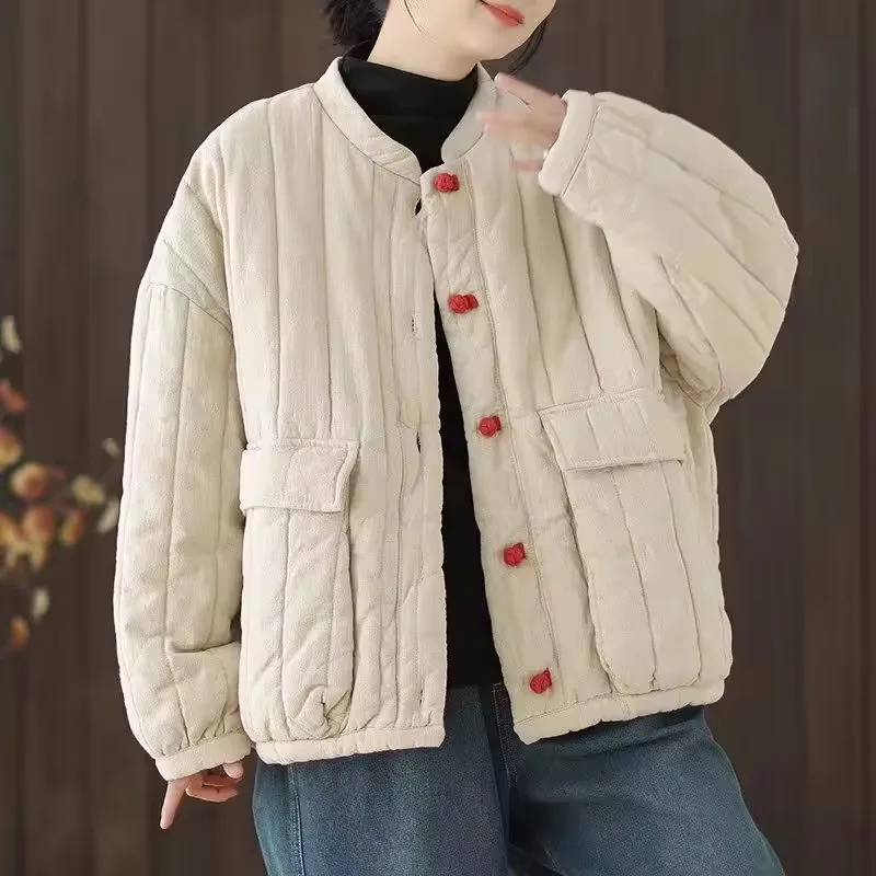 

Retro Cotton Linen Women's Quilted Jacket 2025 New Autumn Winter Chinese Style Short Thick Warm Casual Cotton Padded Coat Top