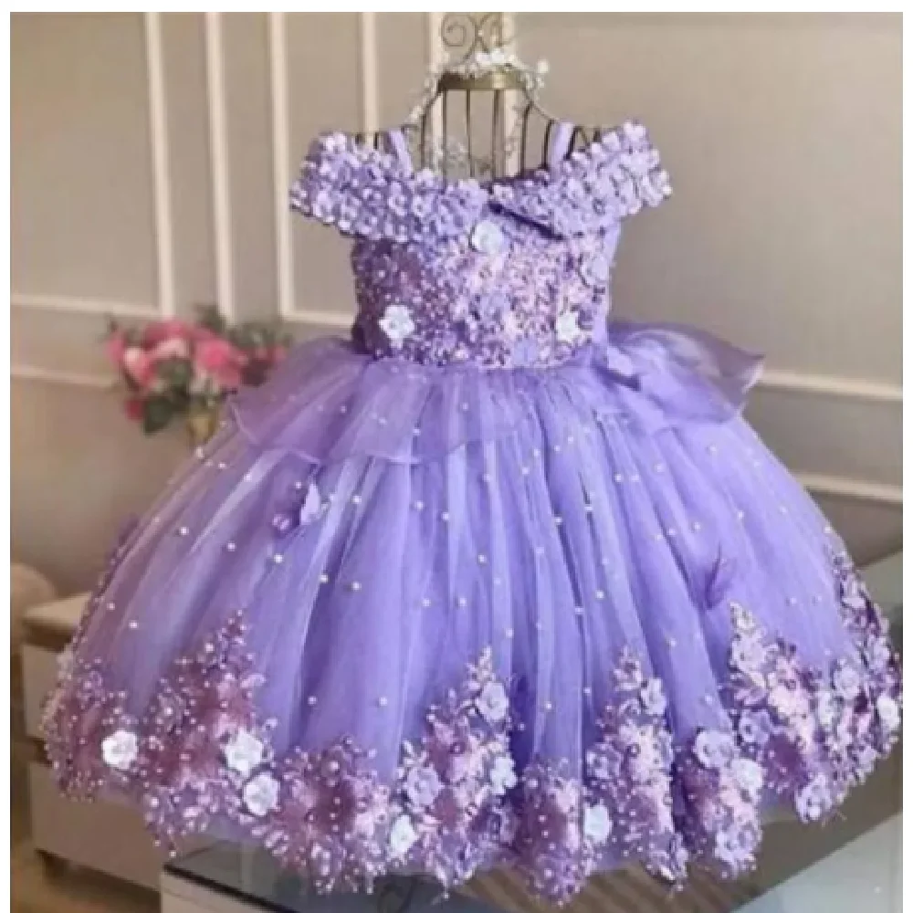 Baby Child Dresses Off Shoulder Pearls Lace Butterflies Flower Girl Dress Infant First Birthday Party Gown Communion Prom