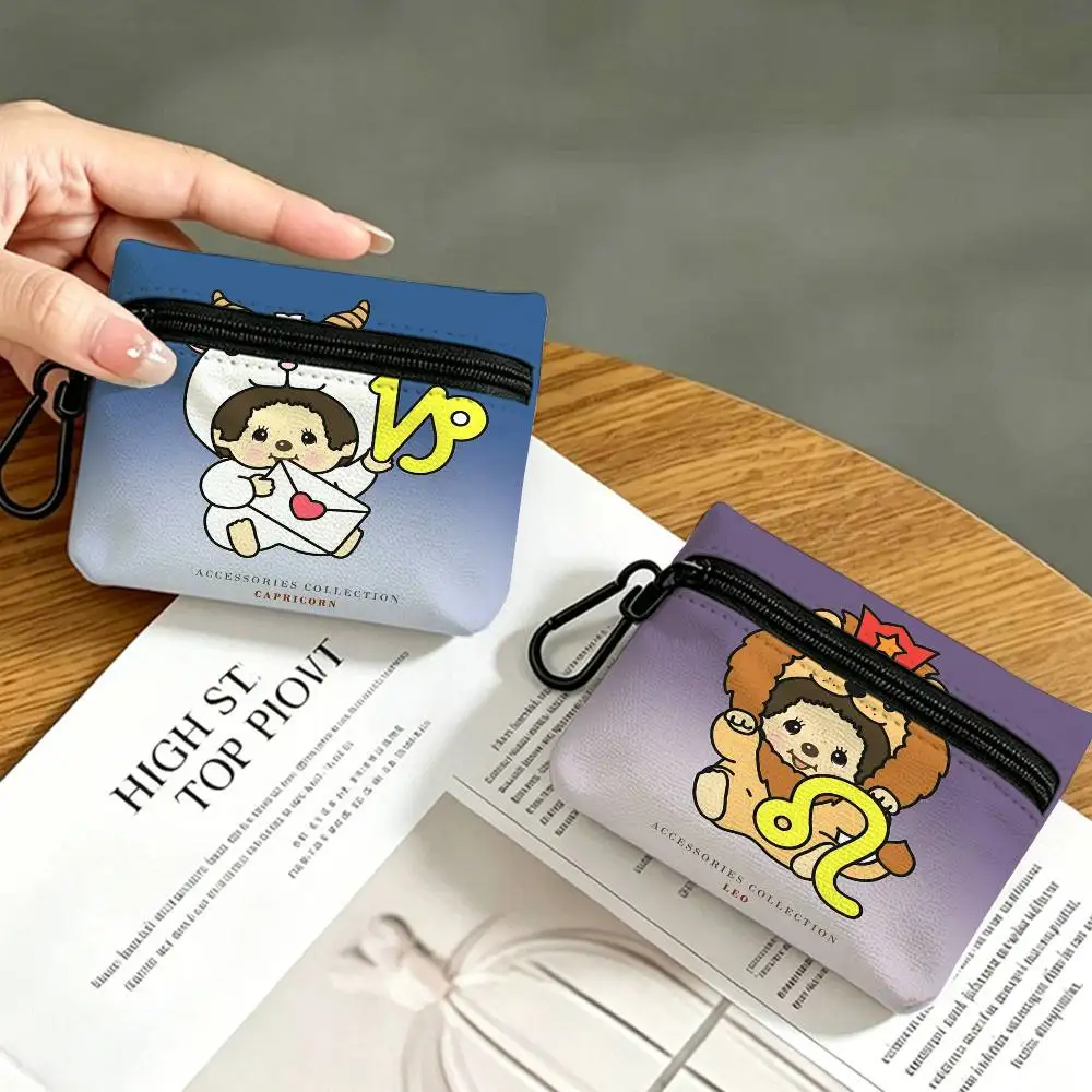 Anime M-Monchhichi Portable Oxford Fabric Mini Wallet Carabiner Design Small Coin Bag For Cards Keys Earphones