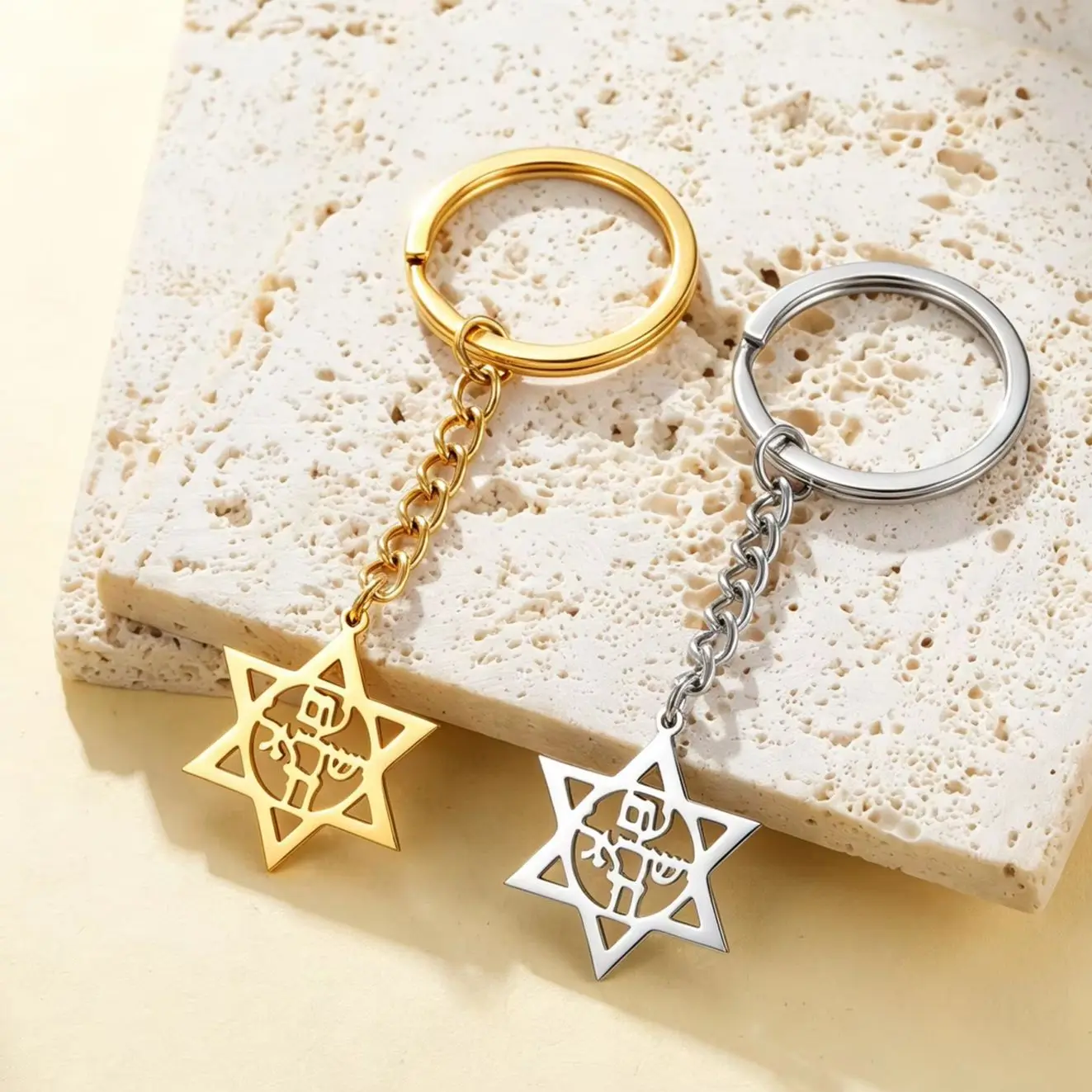 Lucktune Star of David Keychain Stainless Steel Am Yisrael Chai Hebrew Letter Pendant Key Ring Judaica Jewish Religious Jewelry