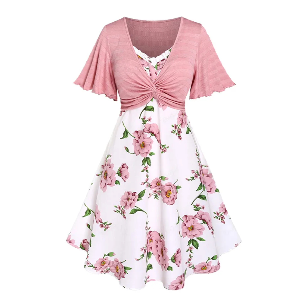 Sukienki letnie plus size z dekoltem plunge, wiązane, z kwiatowym nadrukiem 3D i na ramiączkach spaghetti, Vestidos 5XL
