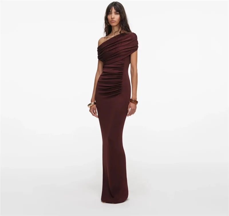 

Burgundy Prom Dress Elegant Sexy One Shoulder Sleeveless Slim Fit Ruffles Party Gown Formal Wedding Guest Birthday Evening Robe