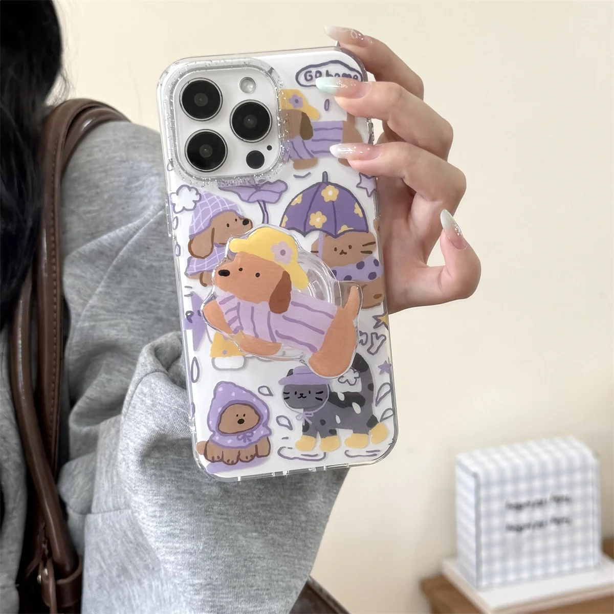 

Korean Cute Cartoon Puppy Phone Case For iPPhone 16 Pro 14 13 15 Pro Max Cover with Stand Holder Shockproof Cases Capa