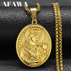 Saint Barbara Cross Medallion Necklace for Women Men Stainless Steel Gold Color Amulet Christian Chain Jewelry colar NZZ474S02