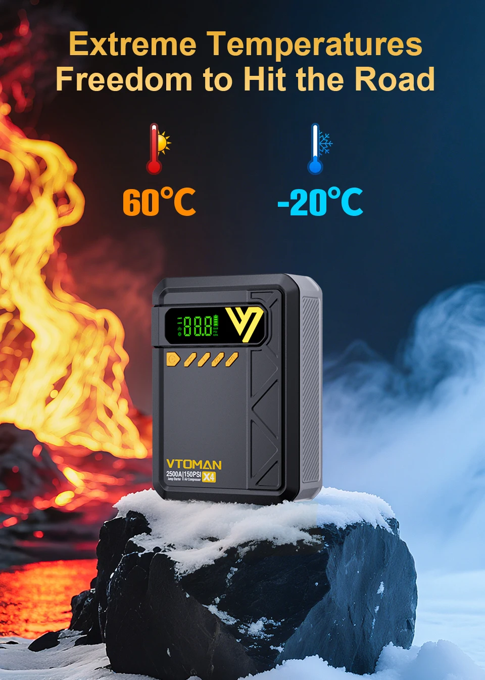 VTOMAN X4 2500A – tragbares Starthilfegerät für Autobatterien mit integriertem 150-PSI-Luftkompressor, 12-V-Notfall-Starthilfegerät für Fahrzeuge mit 8,5-Liter-Benzin- und 6,0-Liter-Dieselmotoren. – Detail 6