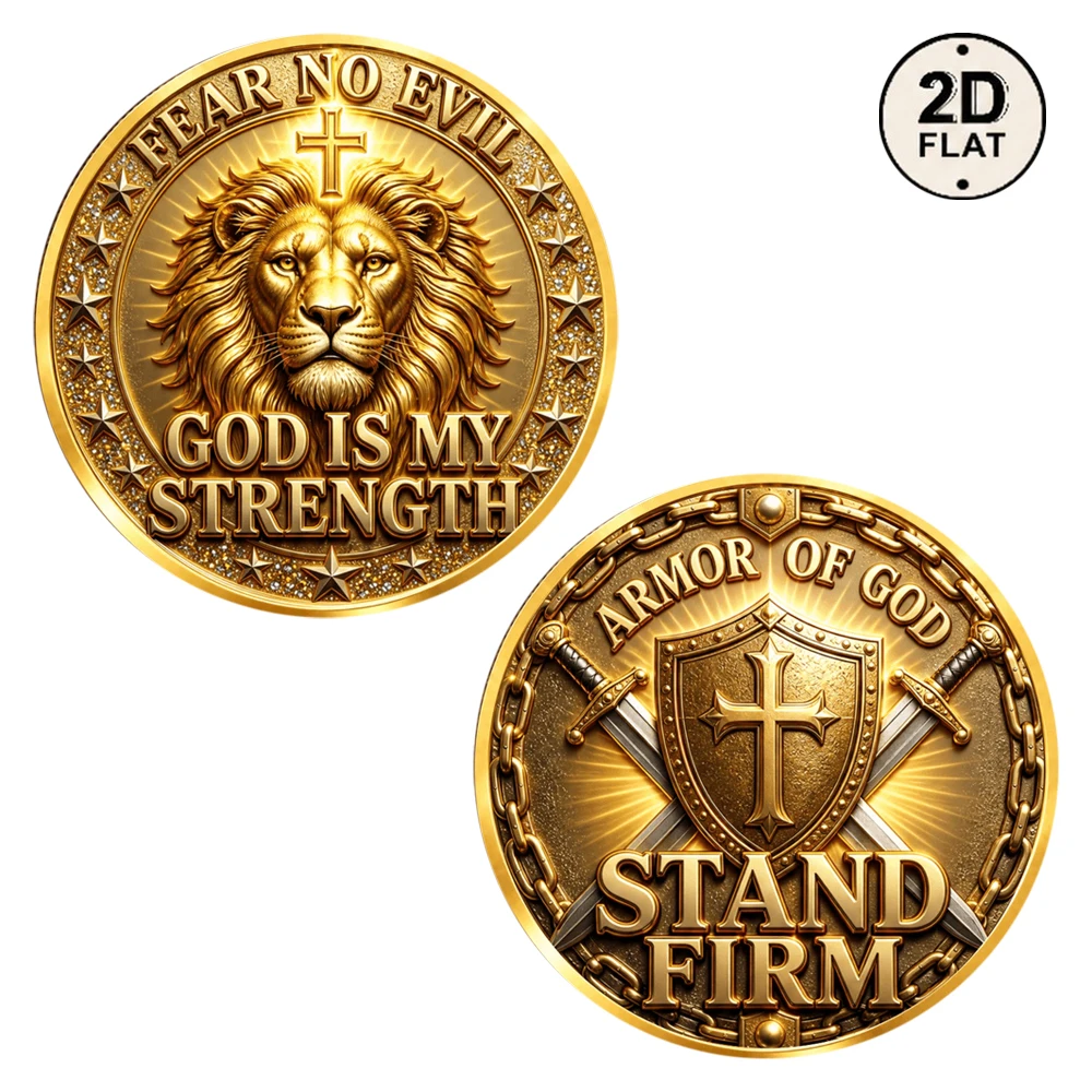 1pc Fear No Evil Lion Armor of God Metal Challenge Coin God Is My Strength Stand Firm Collectible Medal Religious Souvenir Gifts