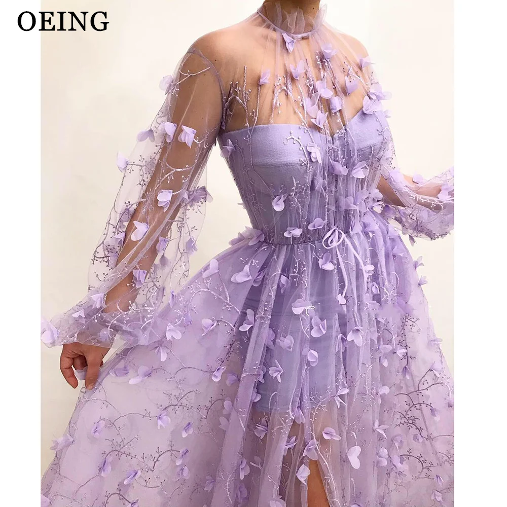 OEING Pastrol Lavender Prom Dress Fairy 3D Flowers Lace Long Sleeves Evening Dresses Woman Elegant Wedding Party Dress Vestidos