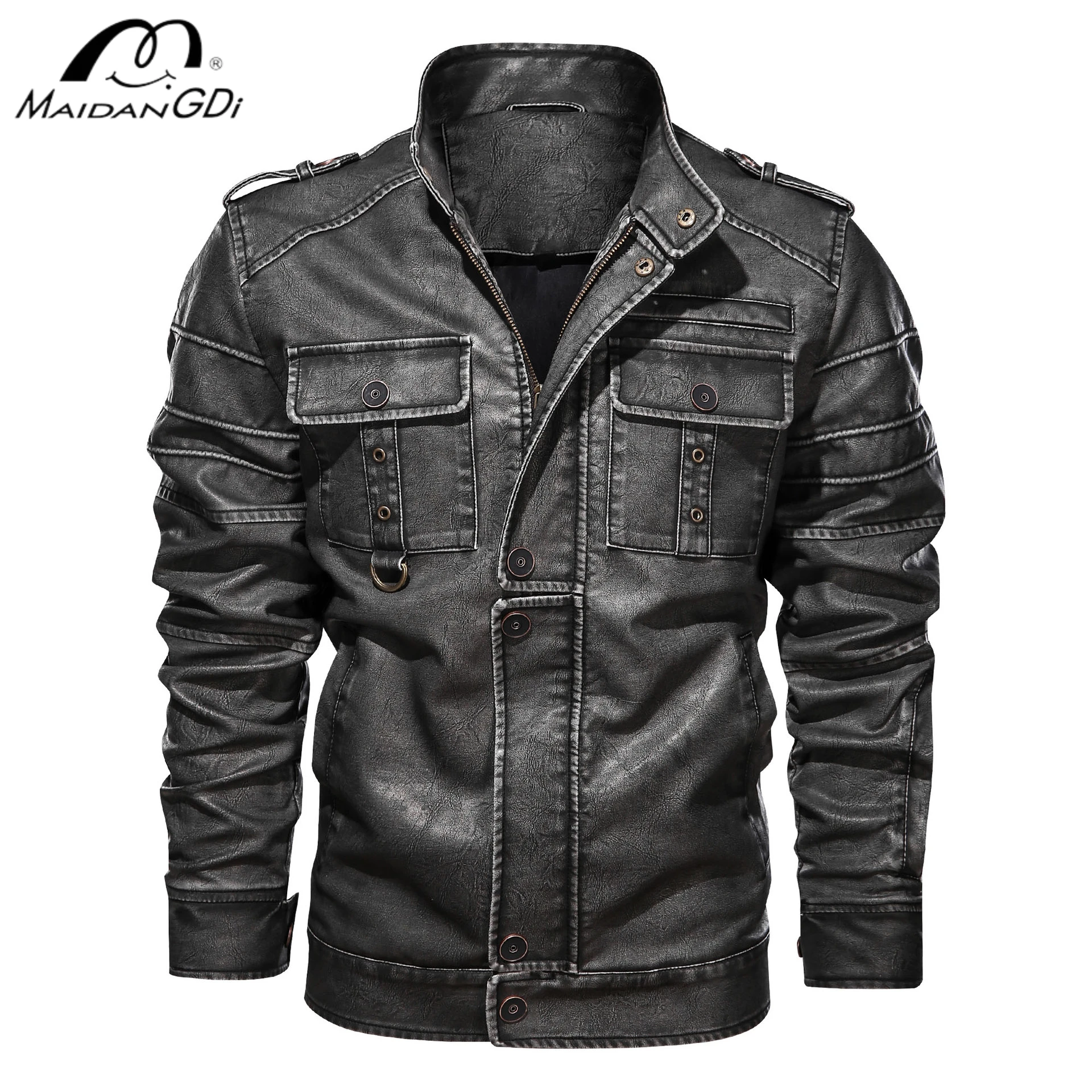 MAIDANGDI Men's Leather Jacket  Retro Denim Style  High Necked Motorcycle Style Top Oversized Jacket  Artificial Leather