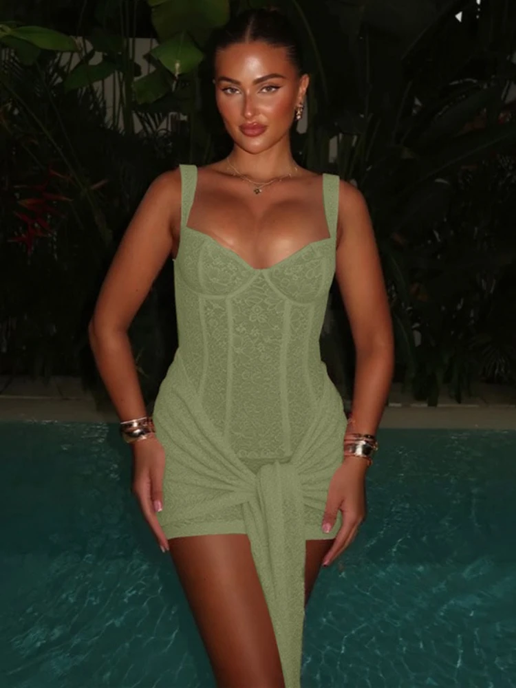 Seksowna krótka koronkowa sukienka bez rękawów damska bandaż różowe suknie wieczorowe 2025 letnia wysoka talia Bodycon zielone suknie wieczorowe Clubwear