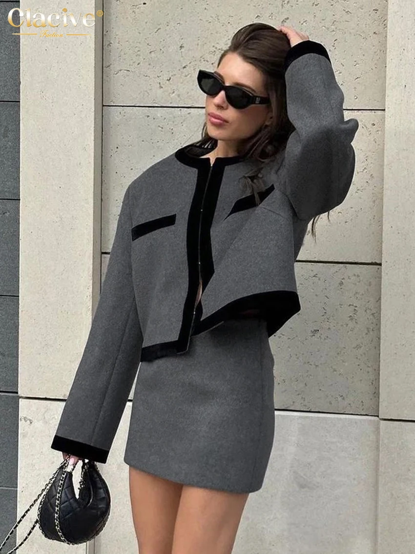 Clacive Fashion Loose Gray Office 2 Piece Set Women Outfit 2024 Elegant Long Sleeve Shirt With High Waist Mini Skirts Set Female