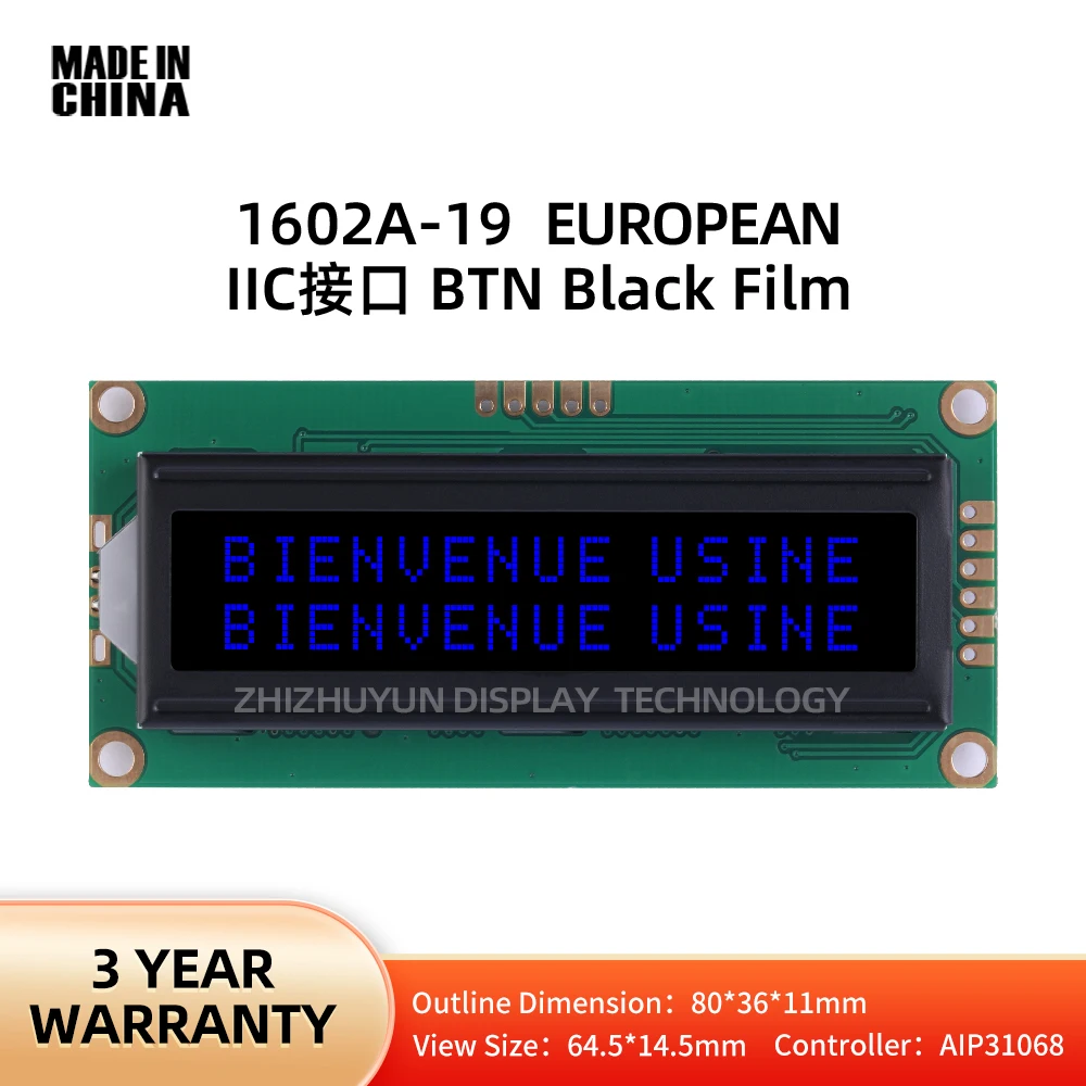 Dot Matrix Serial Port Screen, módulo de interface de linha dupla, Btn, filme preto, texto azul, IIC europeu, I2C, LCD1602A-19