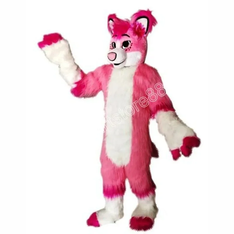 

Long Fur Pink White Husky Fursuit Mascot Costume Adult Unisex Cartoon Dog Animal Cosplay Suit for Halloween Carnival Party