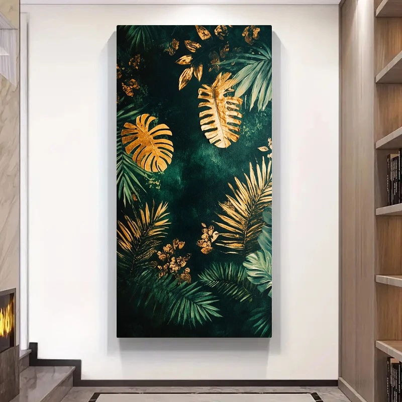1pc frameless Canvas Painting 2D/Flat Golden Leaves & Tropical Plants Canvas Prints, Frameless Mystical Forest Aesthetic Canvas
