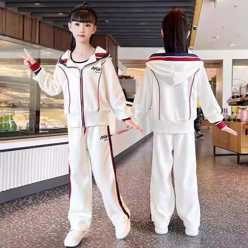

Girls' suit Spring and autumn new children's foreign-style hooded sweater fashion sports two-piece set