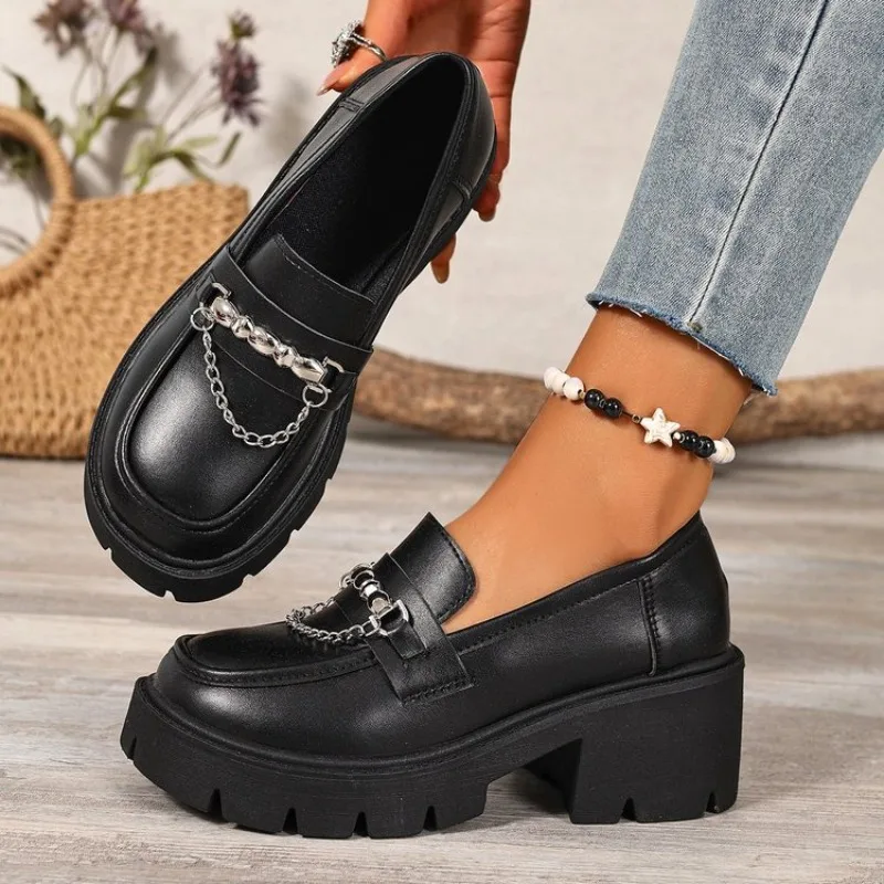 Mocasines de Plataforma con Cadena Metálica de Moda 2026 para Mujer, Zapatos de Cuero PU con Suela Gruesa, Zapatos Negros Sin Cordones para Estudiantes, Tallas Grandes 35-43