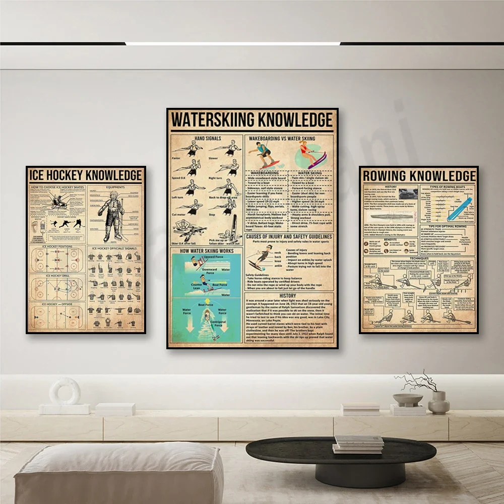 Ice hockey knowledge prints, water skiing knowledge Vingate posters, rowing knowledge posters, gifts for sports enthusiasts,