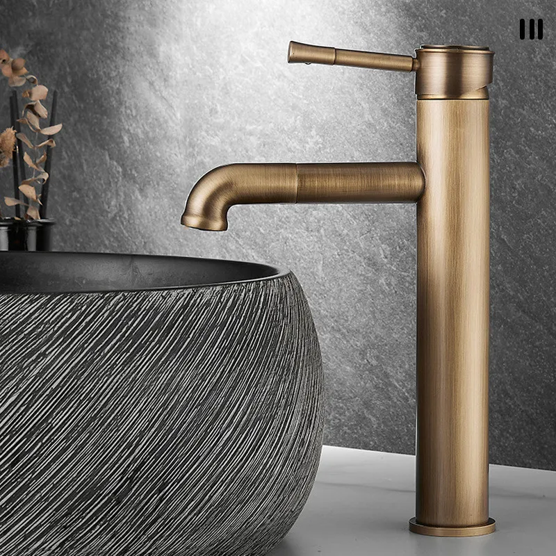 Antique Basin Faucet Hot Cold Bathroom Rotate Spout Sink Mixer Brass Single Lever Lavatory Tap Unique Total Copper Decked