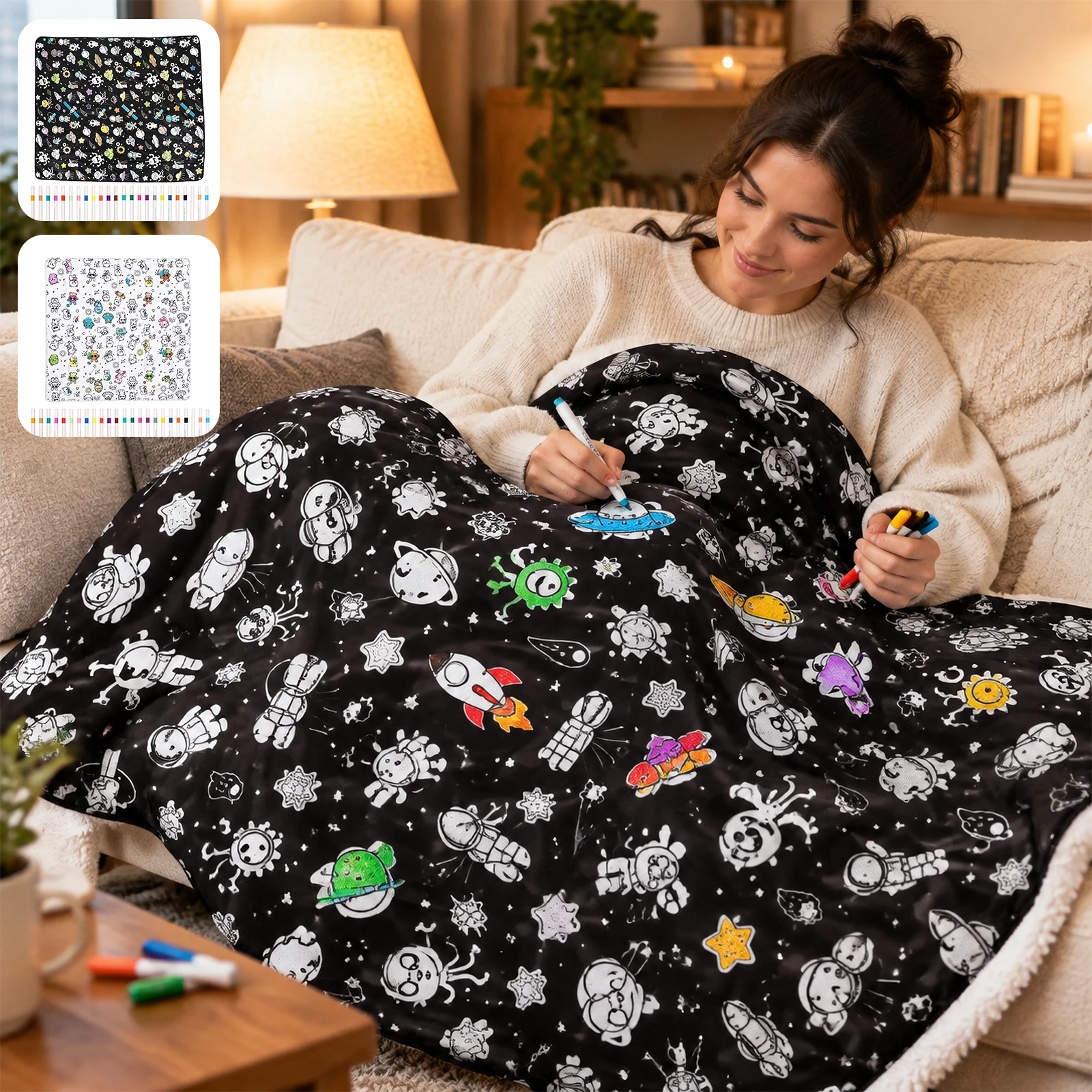 DIY Painting Blankets Washable Coloring Blanket with 24 Color Acrylic Markers For Holiday Arts Activities Creative Handcraft