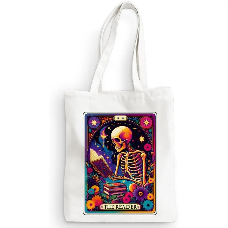 Funny Skull Tarot Card Canvas Bag Trendy Fashion Women's Casual Tote Bag Eco-Friendly Reusable Shopping Bag Travel Organiser Bag