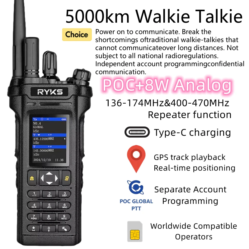 4G Walkie Talkie Long Range 5000Km Poc Radio 199Ch Single Call Group Call Type-C Charger Camping For Global Ptt Walkie 2025