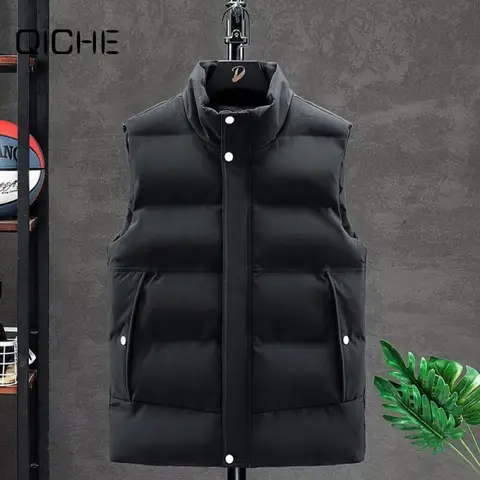 QICHE Autumn Winter Men Loose Casual Outerwear Stand‑Collar Windproof Warm Cotton Padded Waistcoat Vest