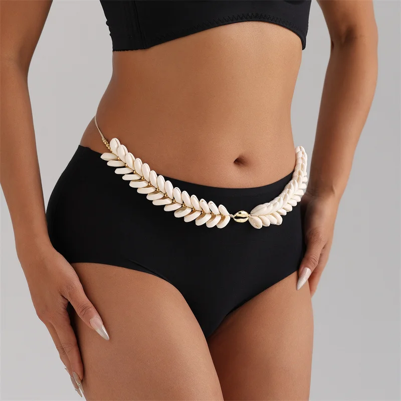 Cadena de cuerpo de ocio de playa de verano para mujer, cadena de cintura de encaje ajustable de concha Natural tejida a mano, accesorios de joyería de moda