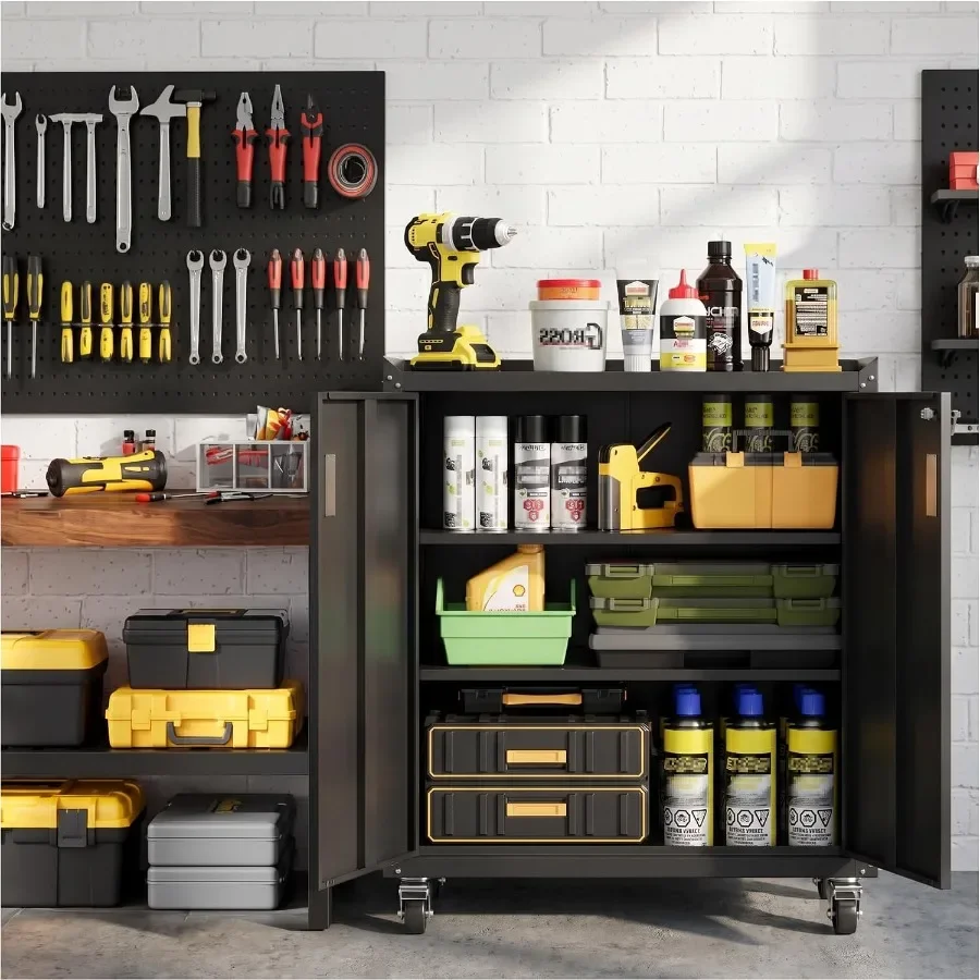 Metal Storage Cabinet with Wheels - Lockable, Rolling Tool Cabinet for Home, Office, Garage and Workshop