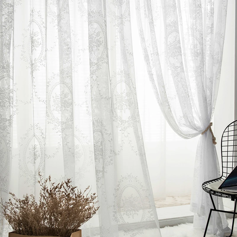 White Embroidered Floral Voile Curtains for Living Room Luxury European Sheer Curtain for Hall Rideaux Voilage Treatment Home Cu