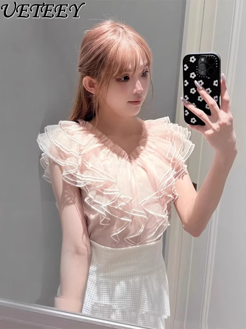 

Japanese 2025 Summer New Sweet Girls Lotus Leaf Lace V-neck Splicing Blouse Versatile Slimming Short Tops Shirt for Women