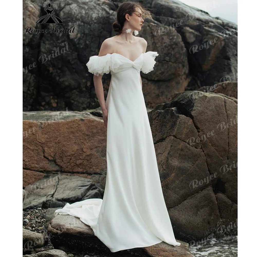 Off The Shoulder Ruffle Tulle Sleeve Satin Wedding Dress Sweetheart V Neck Low Back Slim Fit Vestido De Novia Customized