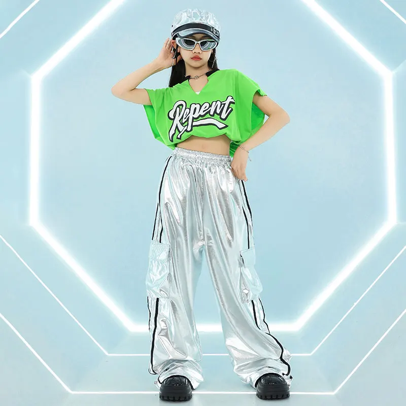 Filles Hip Hop haut court brillant en cuir PU Cargo pantalon garçons T-shirt rue danse Joggers enfants Streetwear enfants Jazz vêtements ensembles