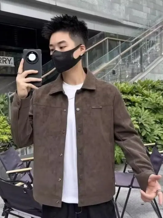 

Spring Autumn Men's Jaet 2025 New Sle Haome Trendy Brand High-End Suede Flip Collar Biker Coat Loose Fit Anti-Wind Lon...