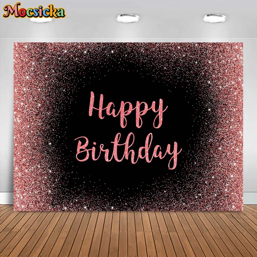 Mocsicka-Fondo de feliz cumpleaños para mujer y niña, cartel personalizado negro, lunares rosas brillantes, decoración de fiesta de cumpleaños