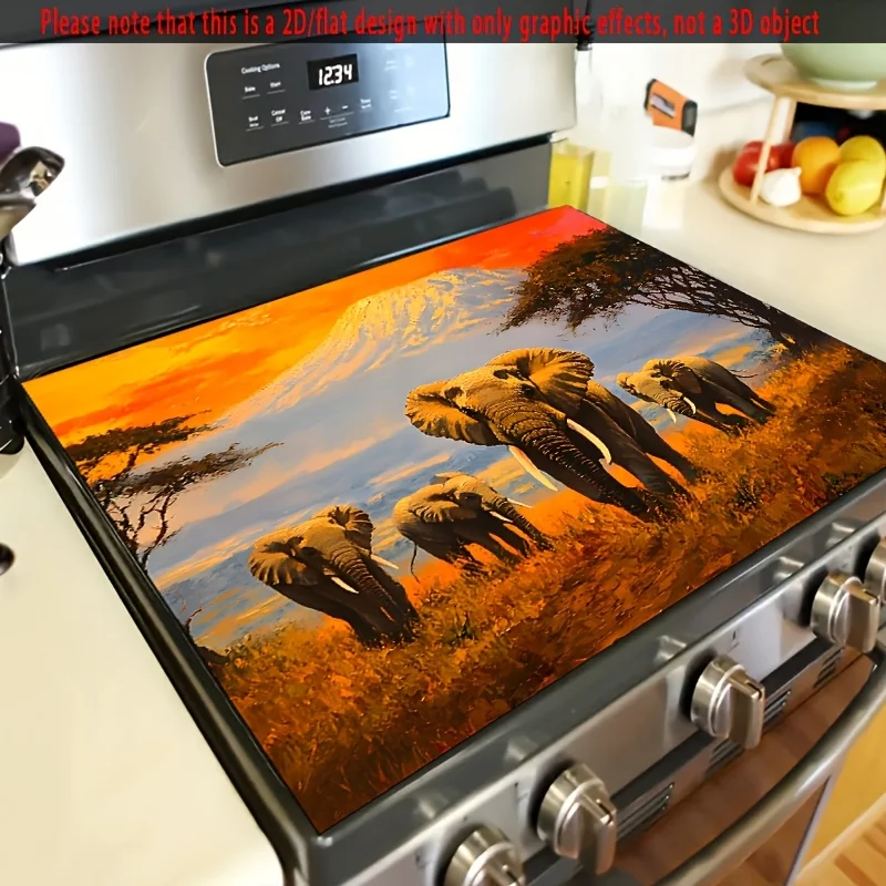 2D Elephant Safari Stove Cover – Heat & Scratch Resistant, Non-Slip Mat for Glass Cooktops & Kitchen Decor