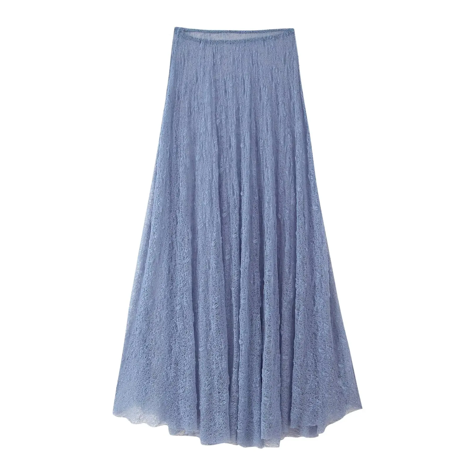 2025 Abito da donna estivo senza maniche in pizzo tinta unita con volant Top corto + gonna lunga a pieghe in vita elastica a trapezio scava fuori outfit