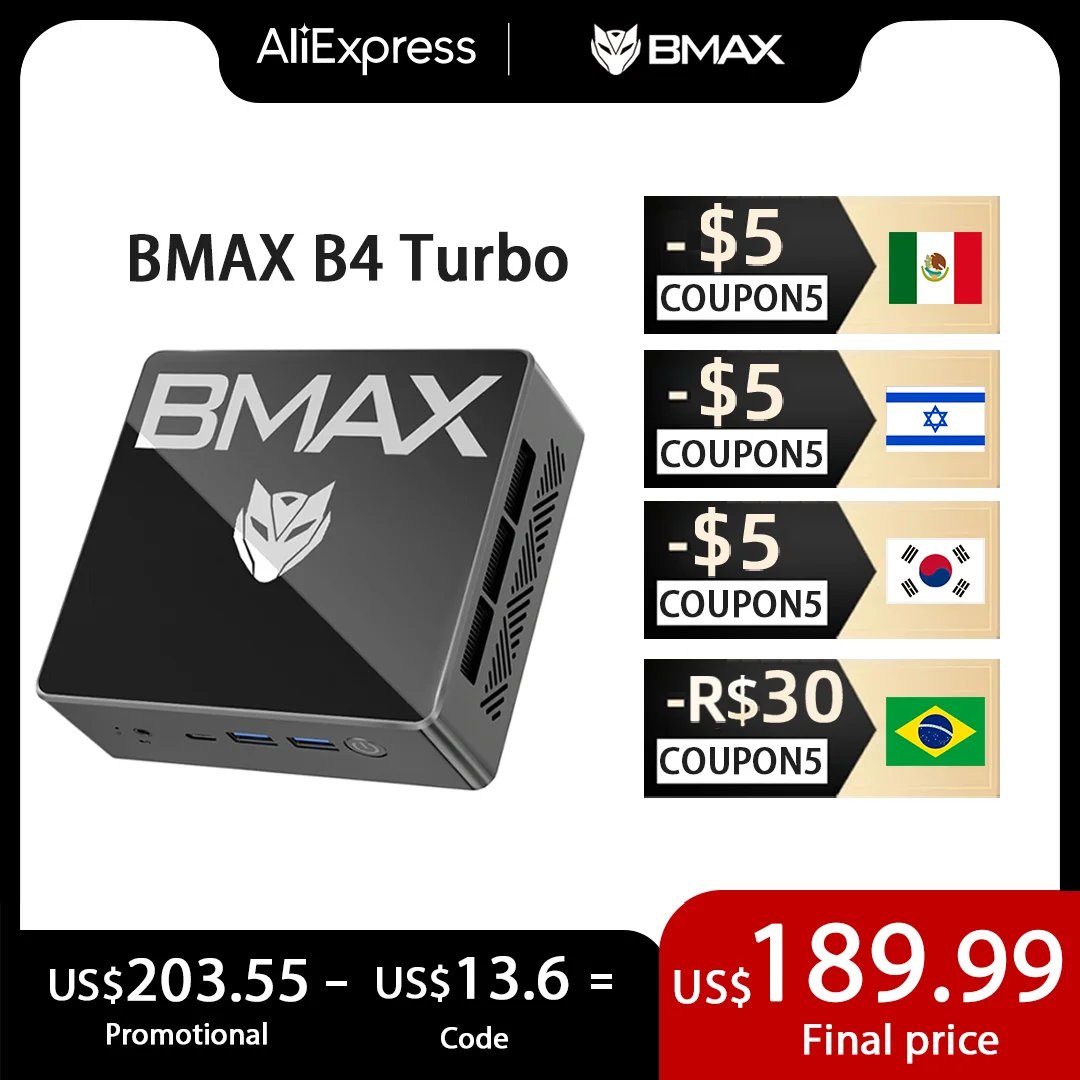 BMAX B4 Turbo Mini PC Intel N150 16GB 512GB SSD Windows 11 PC HDMI2 * Tipo-C1 * Compatible con Mini computadora de escritorio 4K