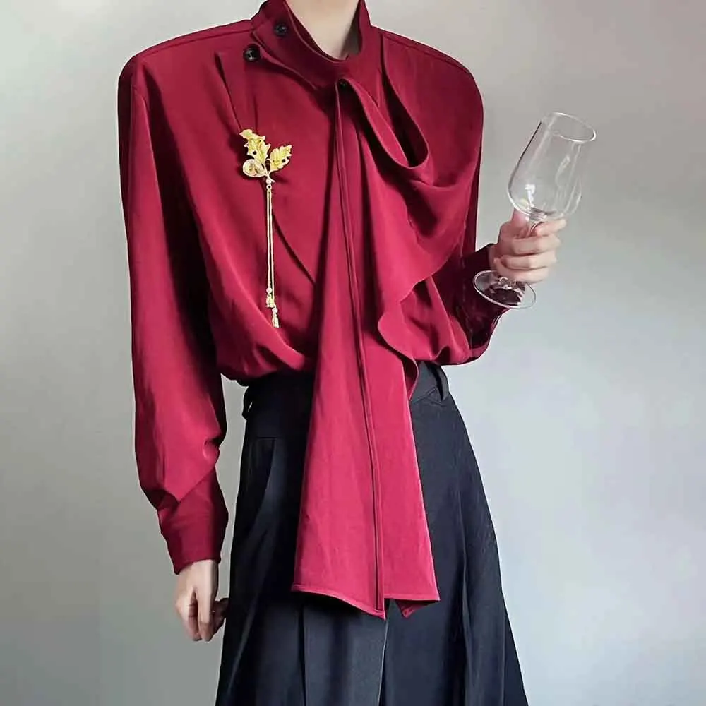 

Осенняя новая мужская однотонная рубашка нестандартной формы с длинными рукавами, роскошные модные тенденции во французском стиле ретро, свободные повседневные мужские топы High Street