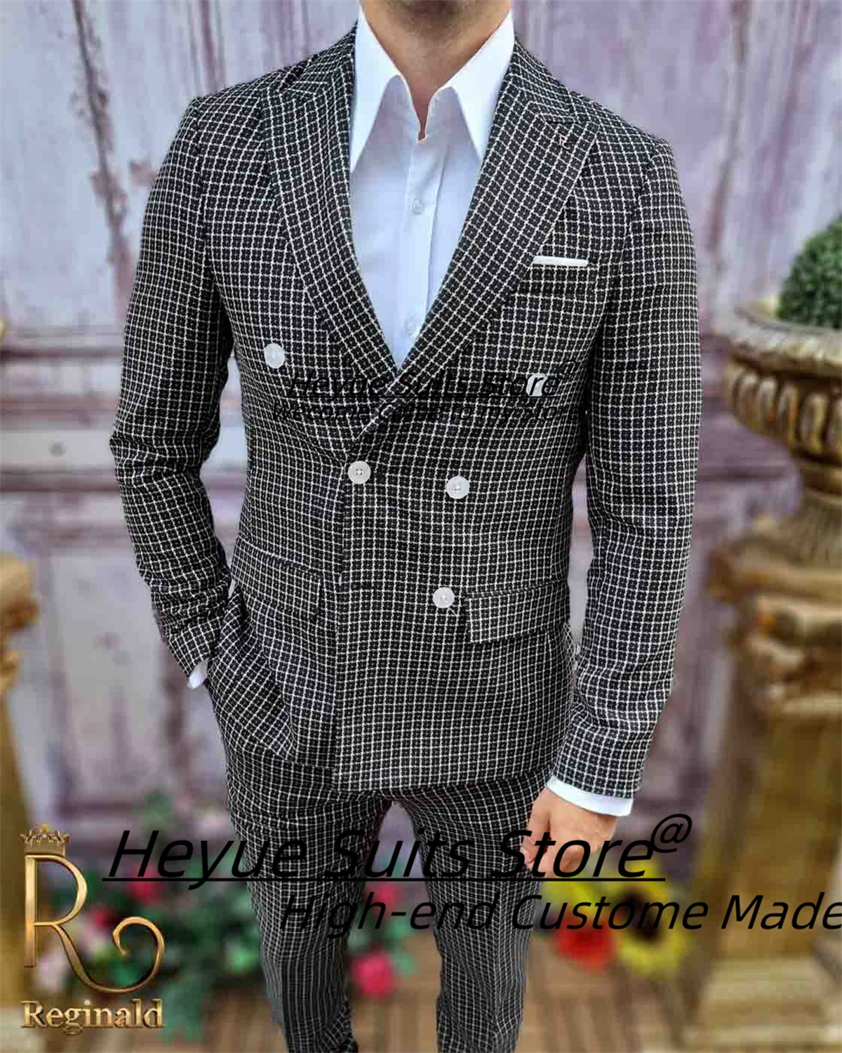 

Italian style Plaid Formal Double Breasted Men Suits Customized Slim Fit Peak Lapel Groom Tuxedos2Pieces Sets trajes para hombre