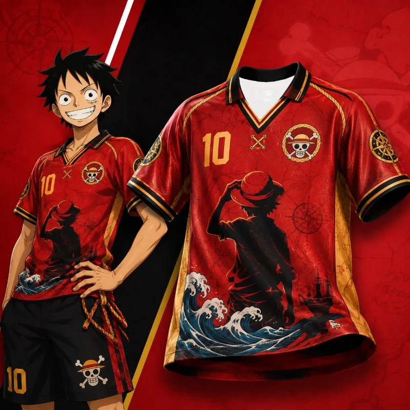 One Piece Luffy Straw Hat Pirate Anime Soccer Jersey Men Women Red Nautical Map Gold Trim Double Sided Anime Graphic Street Tops