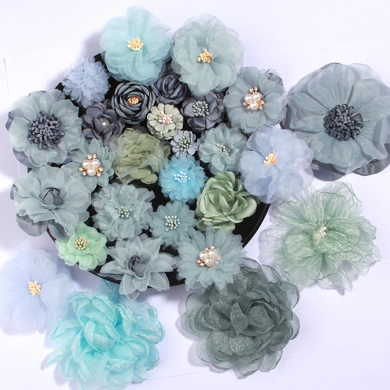 20Pcs/set Green Blue Fabric Flowers for Baby Gilrs Hair Accessories Chiffon Flower Bouquet for Hair Clips