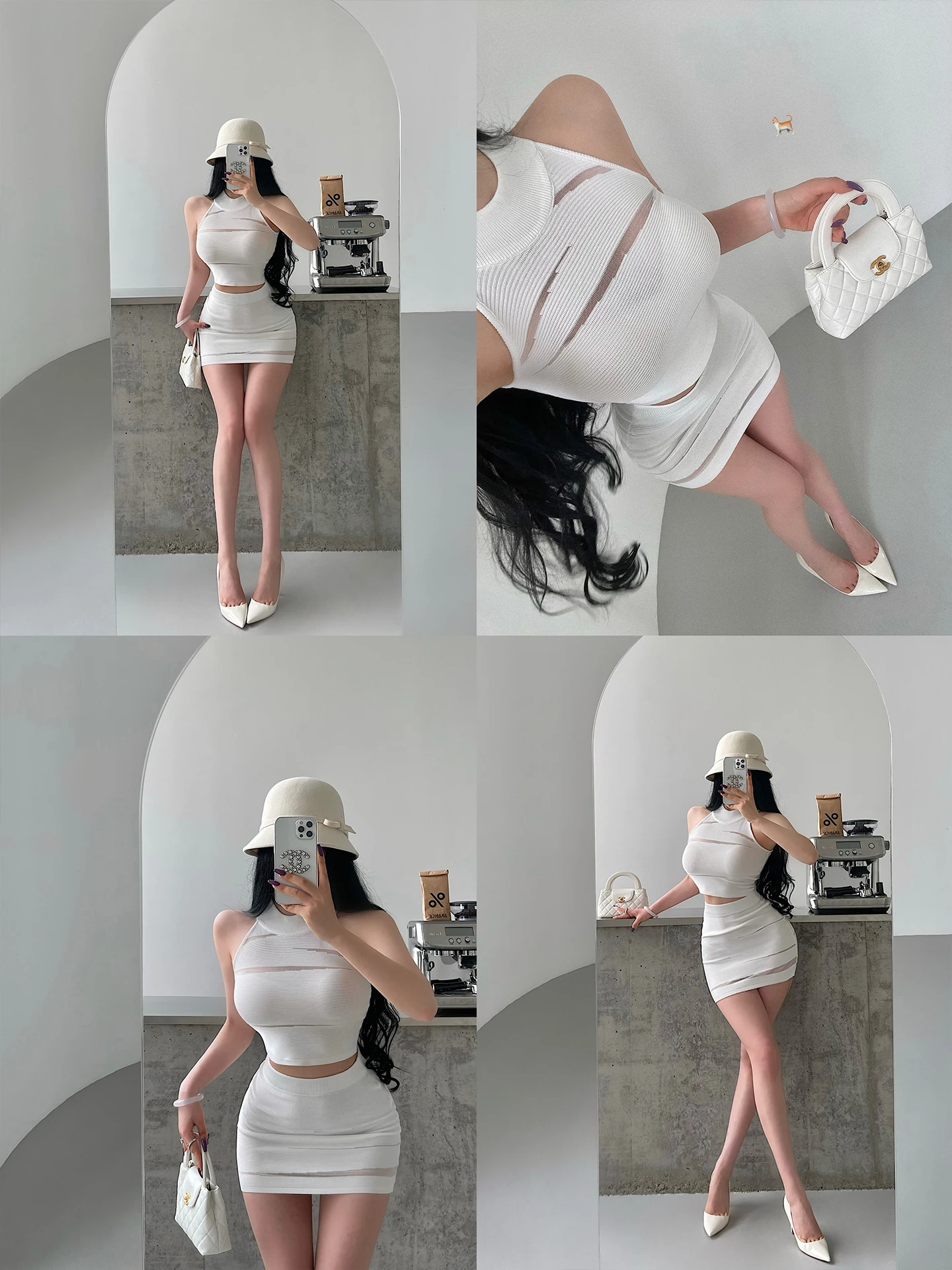 Young Girl Day Pure Desire Sexy Mesh Hollow out Sleeveless Knitted Vest High Waist Bodycon Skirt Two Piece Set for Women