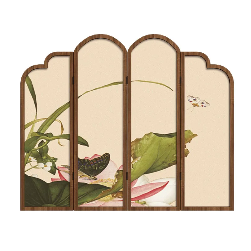 Medieval solid wood folding screen partition guest dining room bedroom decorative sofa background wall folding lotus butterfly p