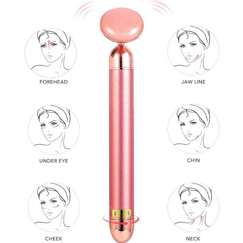 Elétrica Face Massageador e Beleza Bar, 3D Vibração Rose Quartz, Face Lifting, Body Facial Gua Sha, Jade Roller, 24K Ouro, 3 em 1