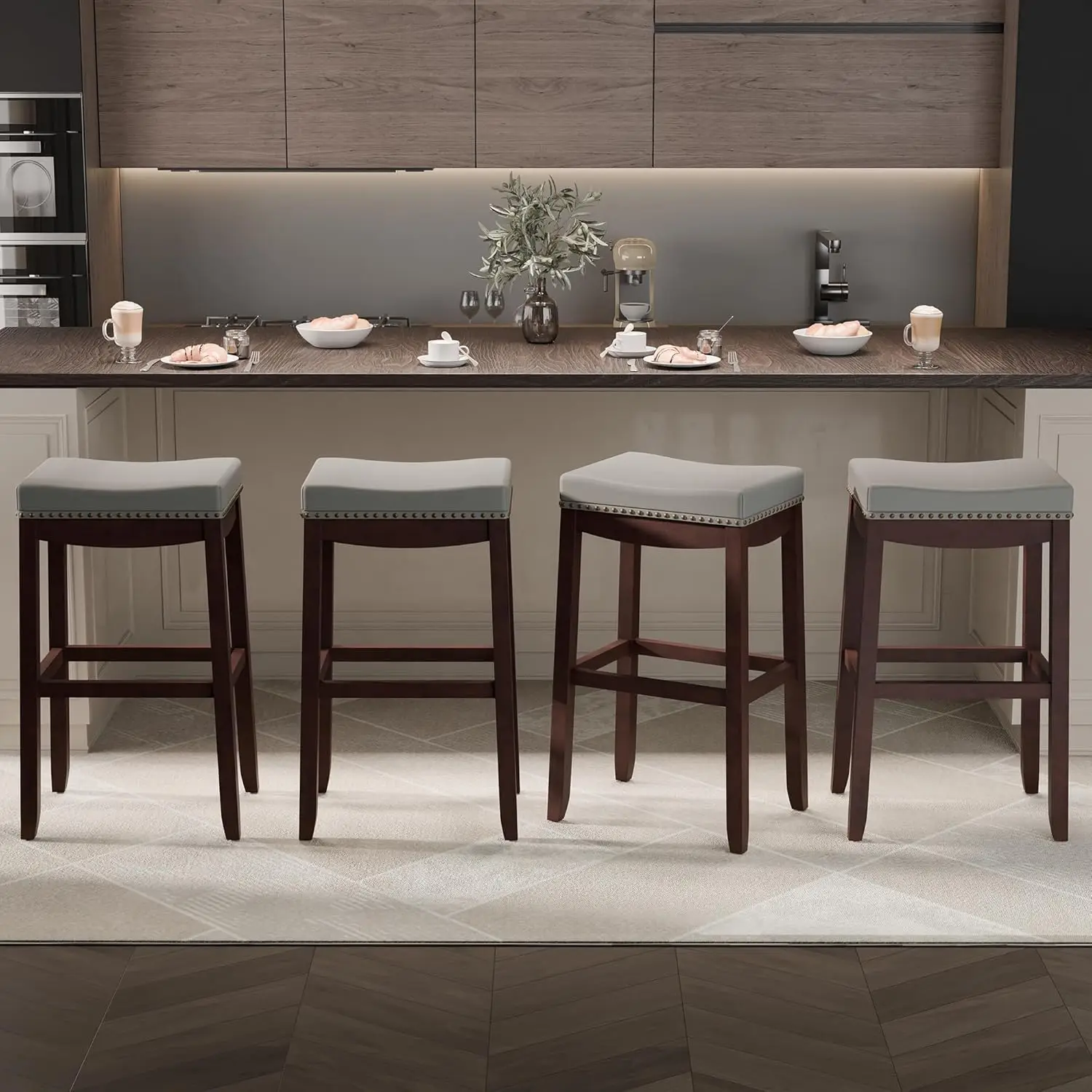 Bar Height Backless Saddle Barstools, Set of 2 - Upholstered, with Rivet Detail and Solid Wood Legs - Counter Height Bar Stools