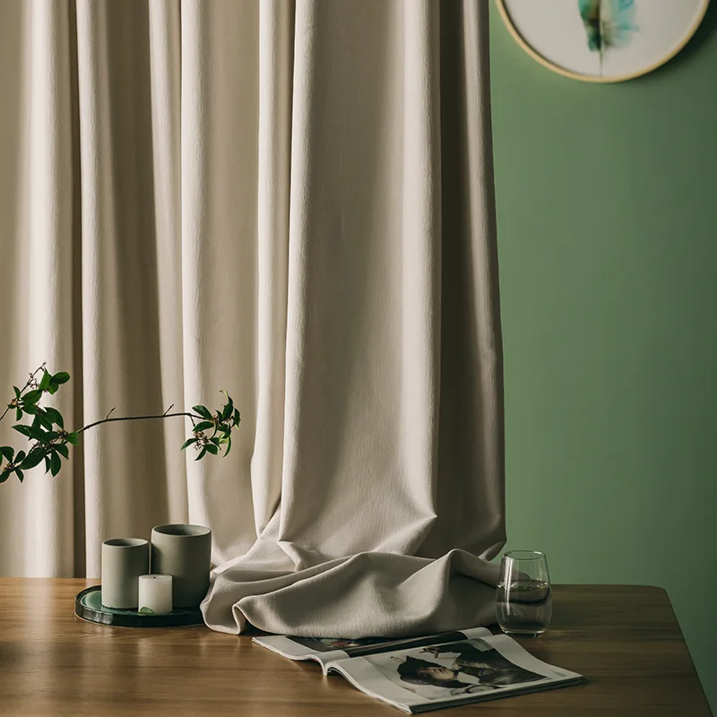 Modern Chenille Cashmere Curtains Beige Vertical Curtain for Living Room Full Blackout Advanced Solid Color Custom Curtains