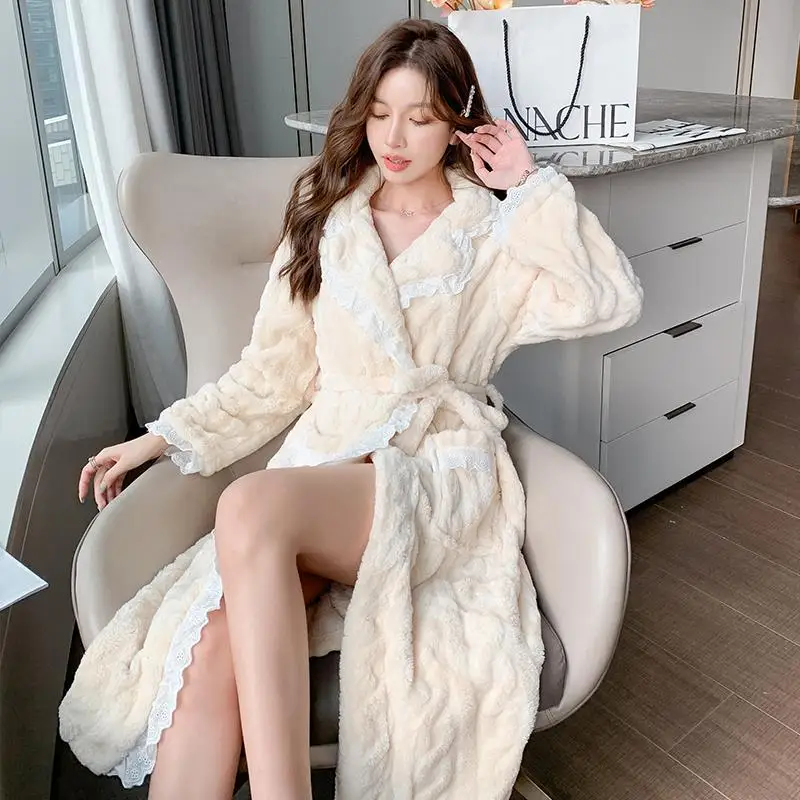 Winter Flannel Women Kimono Bathrobe Gown Sleepwear Thick Warm Coral Fleece Nightgown Nightwear Sweet Lace Trim Home Dress